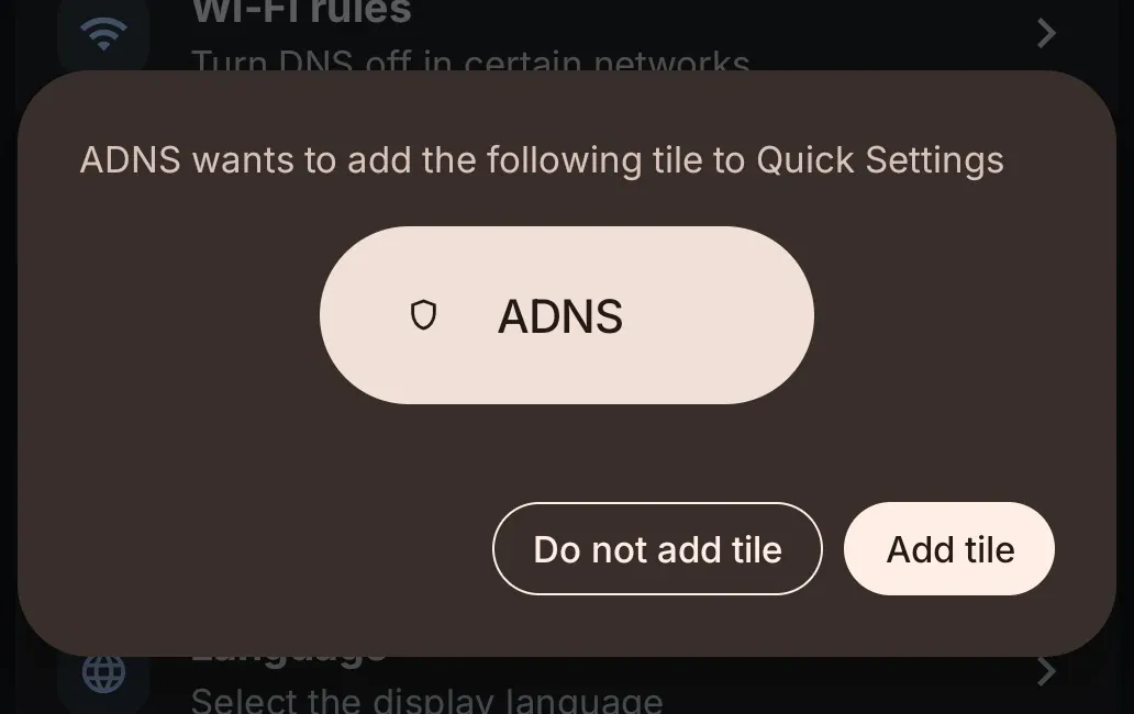 Android prompt to add the ADNS Quick Settings tile.