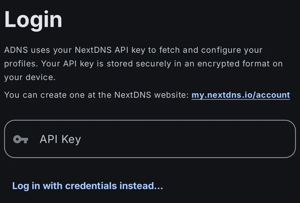 NextDNS API key login form, including the credentials alternative.