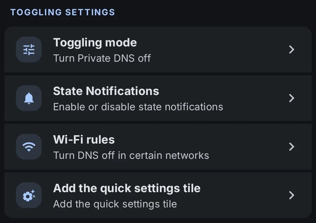 ADNS toggling, notification, Wi-Fi, and Quick Settings tile controls.